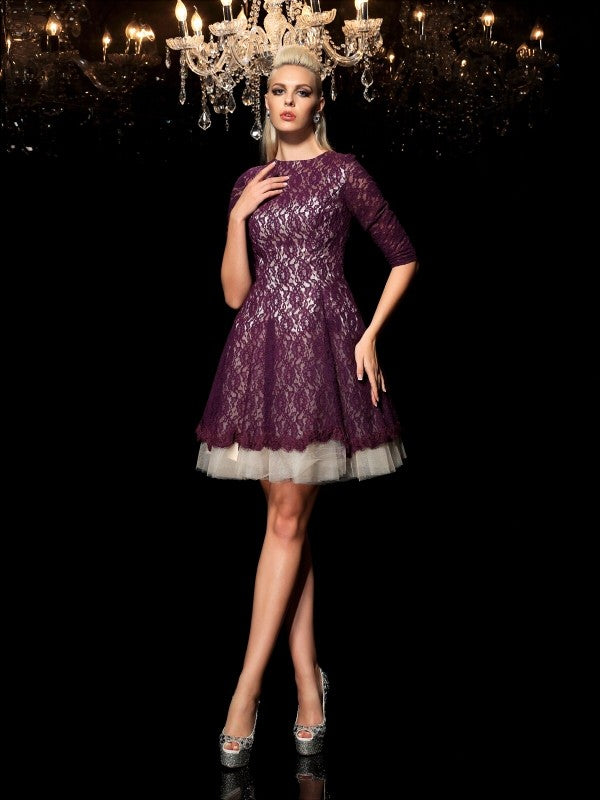 A-Line/Princess Michaela Sheer Neck Lace 1/2 Homecoming Dresses Sleeves Short Lace Cocktail Dresses