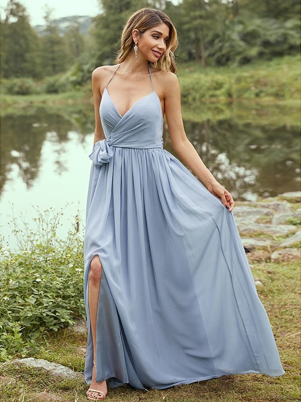 Sleeveless Sweep/Brush Ruffles V-neck Chiffon A-Line/Princess Train Bridesmaid Dresses