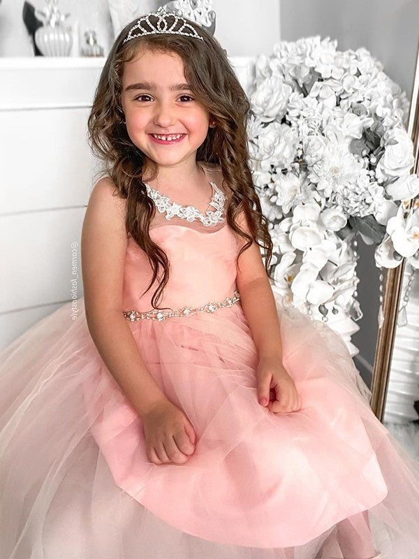 Tulle A-Line/Princess Scoop Tea-Length Sleeveless Beading Flower Girl Dresses