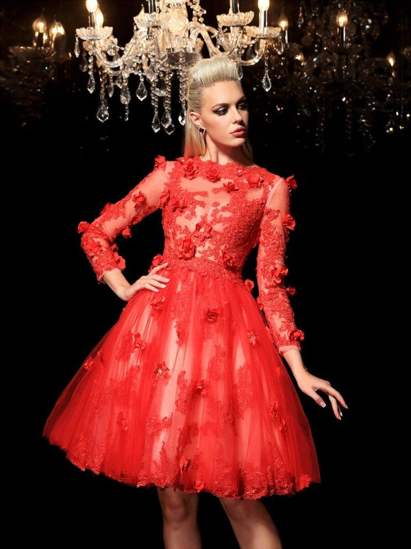 Homecoming Dresses A-Line/Princess Sheer Ruby Neck Applique 3/4 Sleeves Short Net Cocktail Dresses