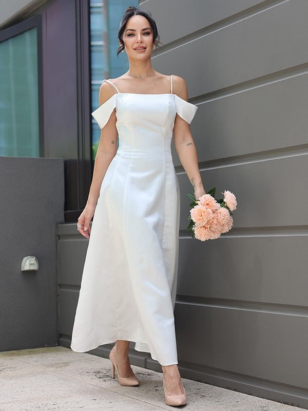 Sleeveless Spaghetti Satin Straps Ruffles A-Line/Princess Ankle-Length Wedding Dresses