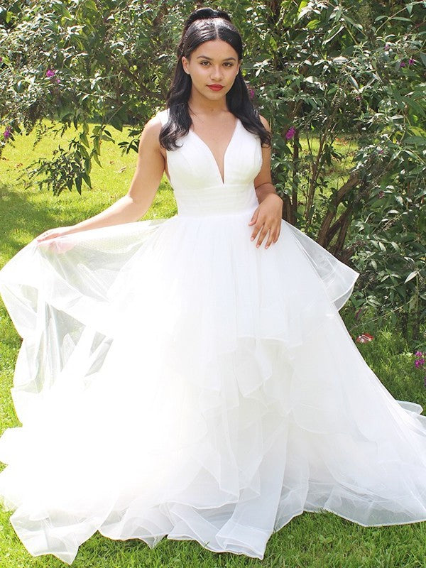 Gown Organza Ruffles V-neck Ball Sleeveless Floor-Length Wedding Dresses