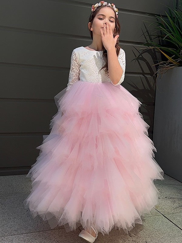 3/4 Sleeves A-Line/Princess Tulle Lace Ankle-Length Scoop Flower Girl Dresses