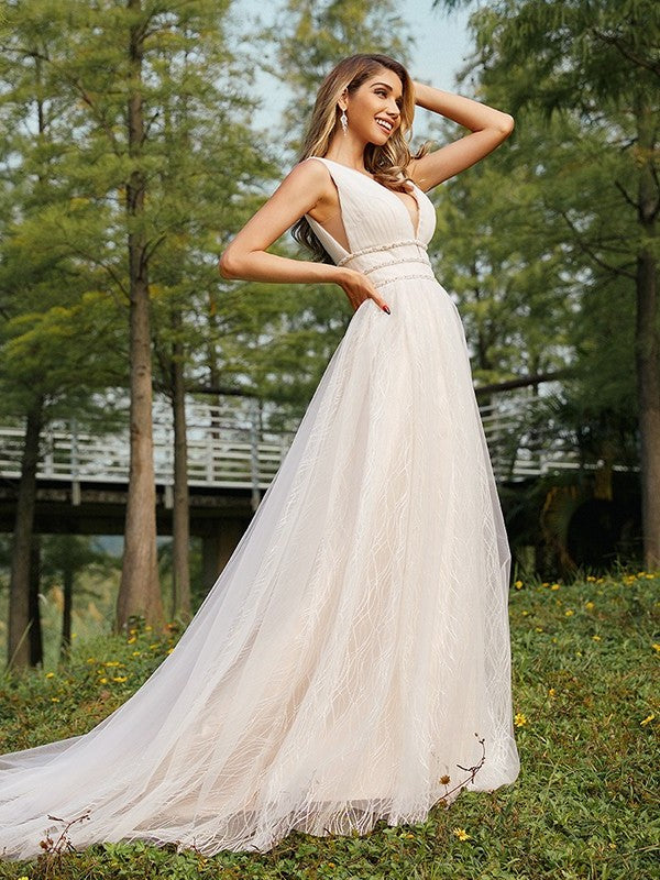 A-Line/Princess Sleeveless V-neck Ruffles Sweep/Brush Tulle Train Wedding Dresses