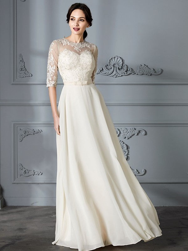 Sleeves A-Line/Princess Scoop Floor-Length 1/2 Chiffon Wedding Dresses