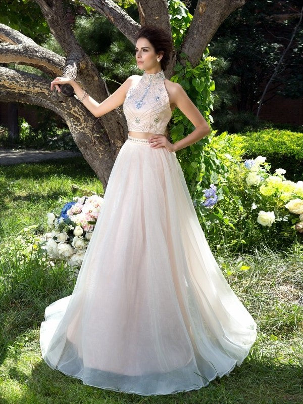 Neck Net A-Line/Princess High Beading Sleeveless Long Two Piece Dresses