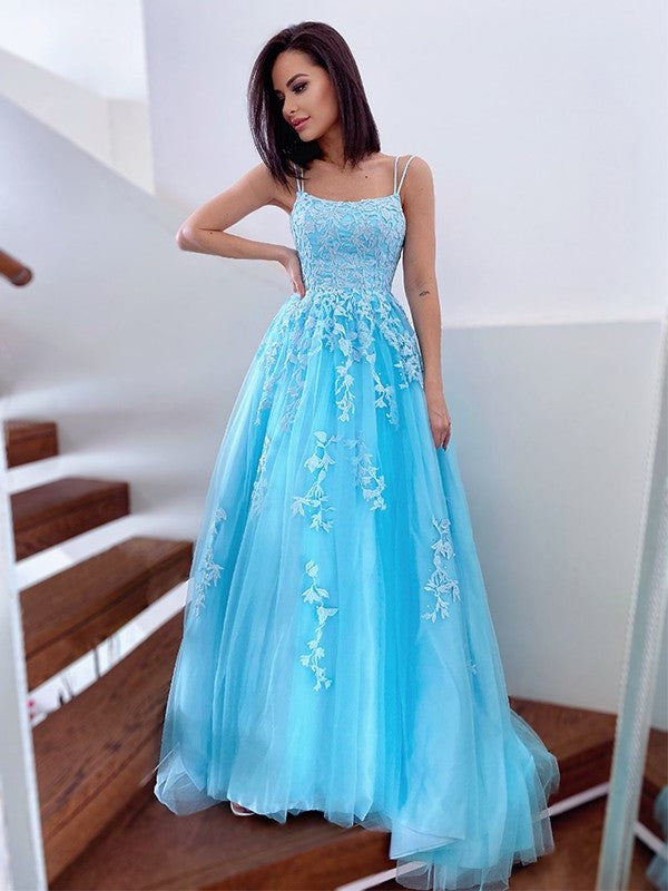 Applique Tulle Sleeveless Spaghetti Straps A-Line/Princess Sweep/Brush Train Dresses