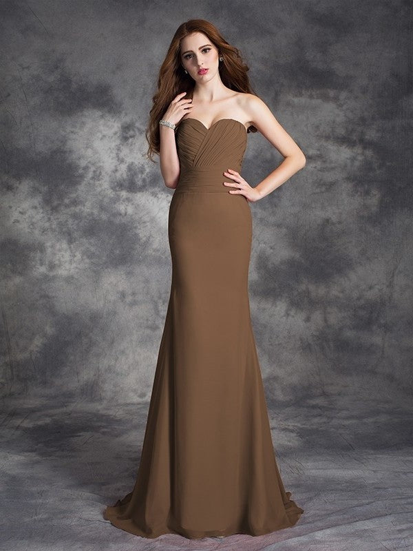 Sweetheart Sleeveless Long Ruched Trumpet/Mermaid Chiffon Bridesmaid Dresses