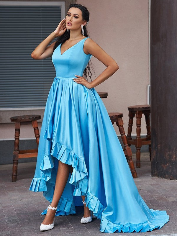 V-neck A-Line/Princess Ruffles Satin Sleeveless Asymmetrical Dresses