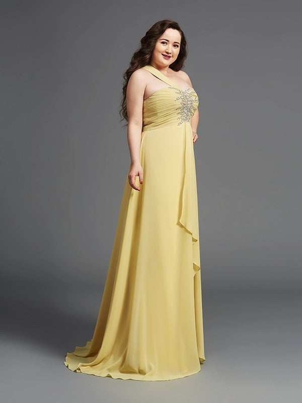 Chiffon Rhinestone A-Line/Princess Long Sleeveless One-Shoulder Plus Size Dresses