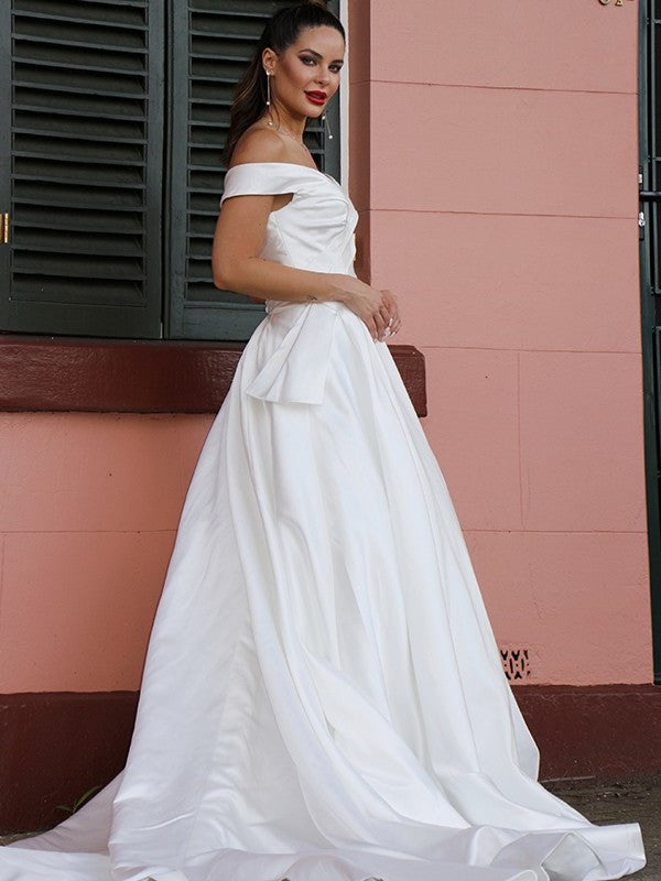 Court Ruched Satin Sleeveless A-Line/Princess Off-the-Shoulder Train Wedding Dresses