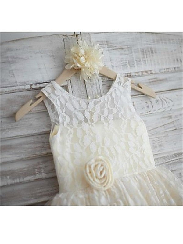 Tea-Length Lace Flower Hand-made A-line/Princess Scoop Sleeveless Flower Girl Dresses