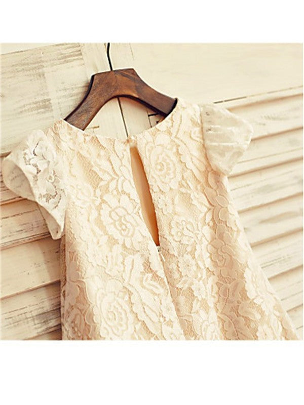 A-line/Princess Tea-Length Scoop Sleeves Short Lace Flower Girl Dresses