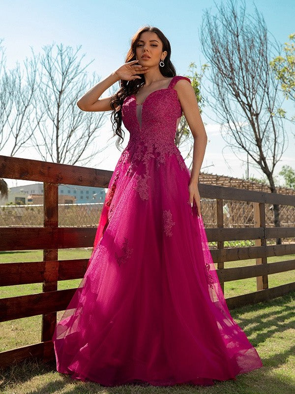 V-neck Tulle Applique A-Line/Princess Sleeveless Floor-Length Dresses