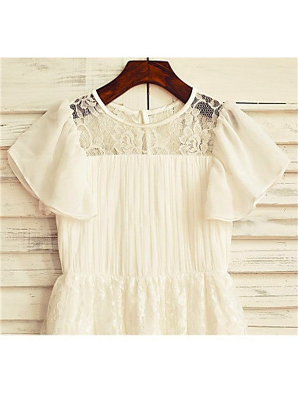 Short Scoop Lace Chiffon Tea-Length A-line/Princess Sleeves Flower Girl Dresses