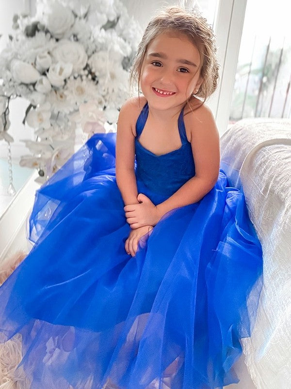 Sleeveless Tulle Halter Tea-Length A-Line/Princess Ruffles Flower Girl Dresses