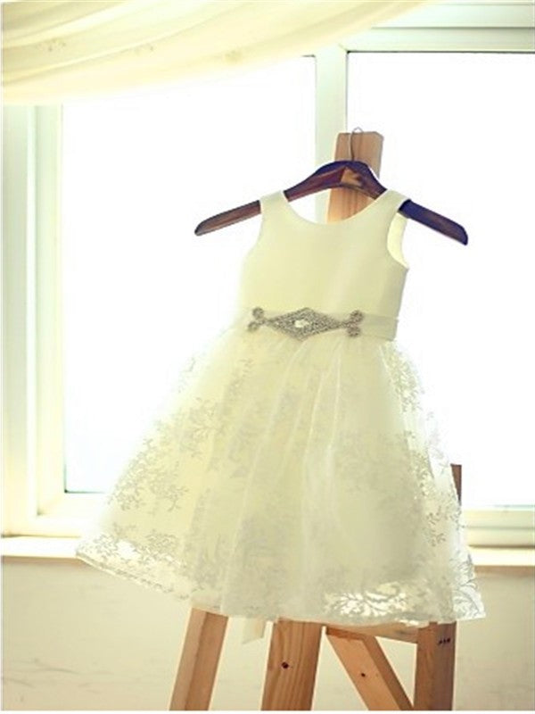 Knee-Length A-line/Princess Sleeveless Scoop Sash/Ribbon/Belt Lace Flower Girl Dresses