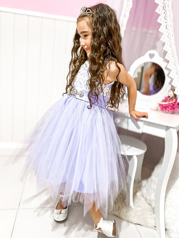 A-Line/Princess Scoop Knee-Length Lace Tulle Sleeveless Flower Girl Dresses