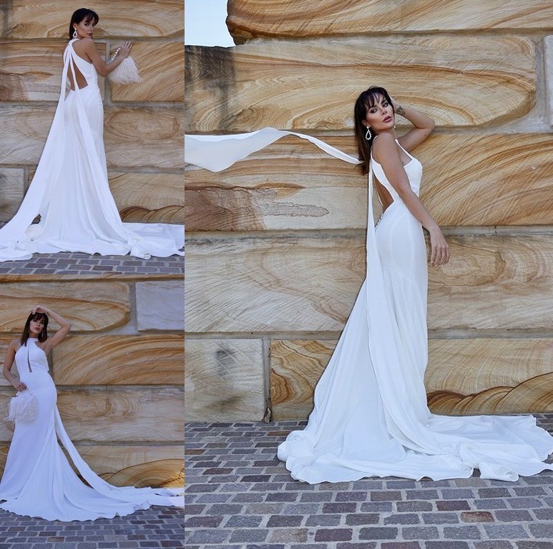 Stretch Ruffles Halter Court Trumpet/Mermaid Sleeveless Crepe Train Wedding Dresses