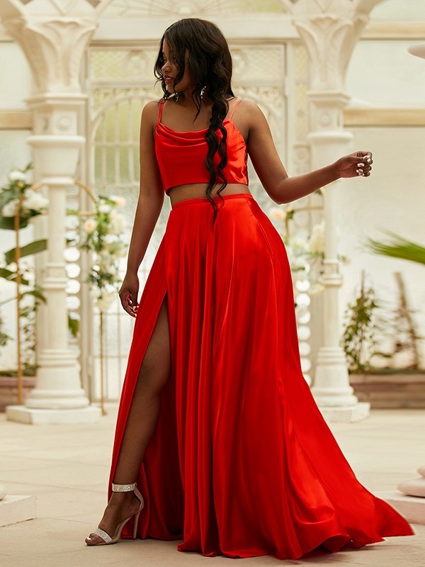 A-Line/Princess Train Ruffles Sleeveless Spaghetti Silk Sweep/Brush Satin Straps like Two Piece Dresses