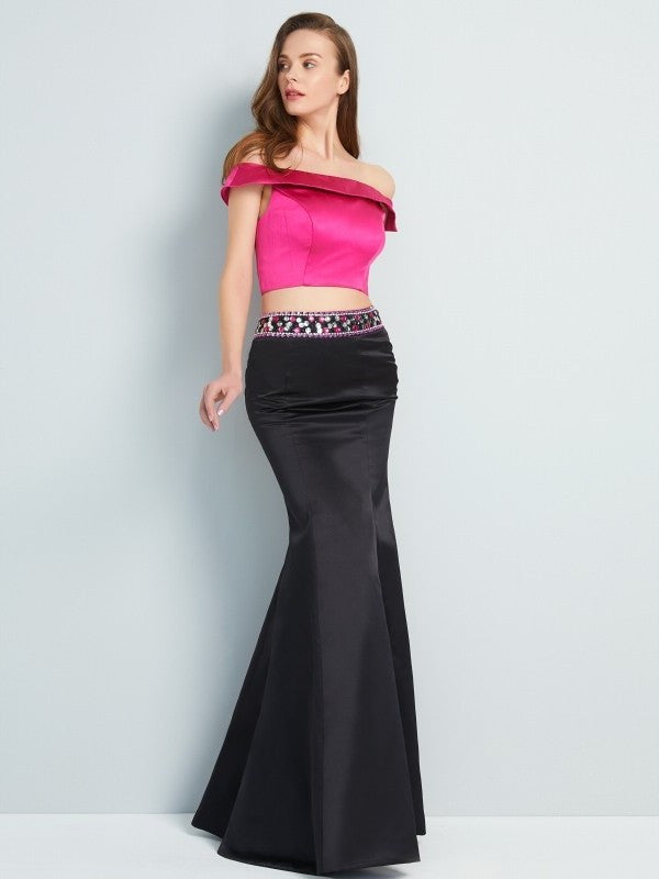 Off-the-Shoulder Floor-Length Sleeveless Satin Beading Trumpet/Mermaid Two Piece Dresses