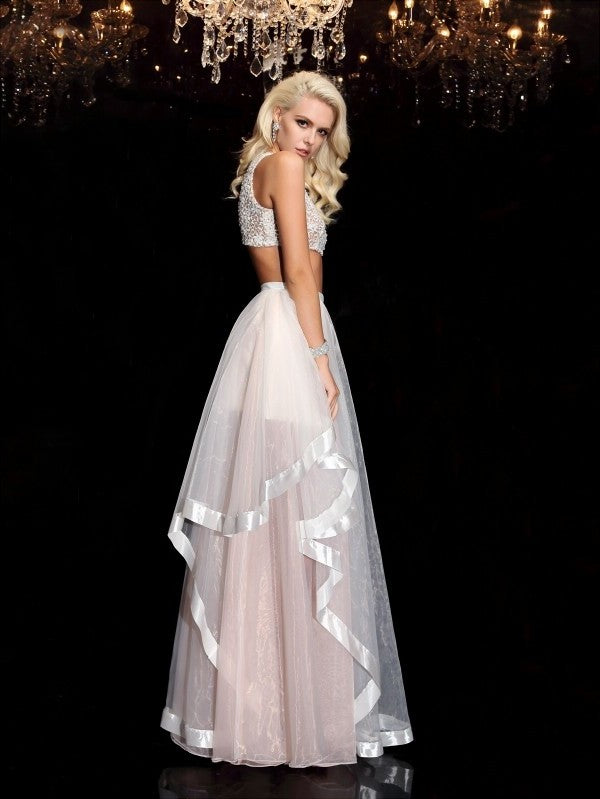 Scoop Long A-Line/Princess Applique Tulle Sleeveless Two Piece Dresses