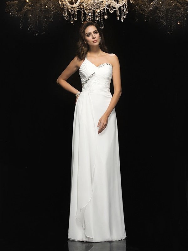 One-Shoulder Sleeveless Beading A-Line/Princess Long Chiffon Dresses