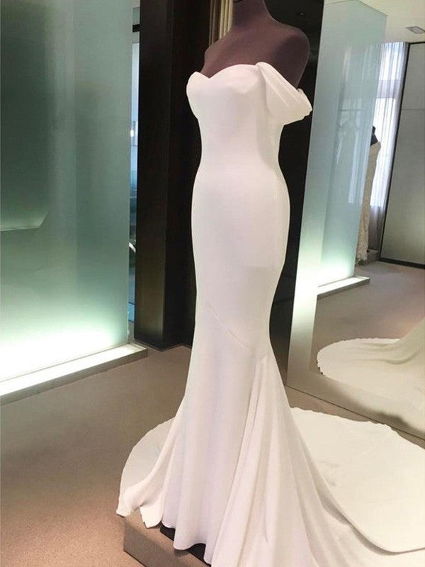 Court Off-the-Shoulder Sleeves Sheath/Column Train Short Spandex Wedding Dresses