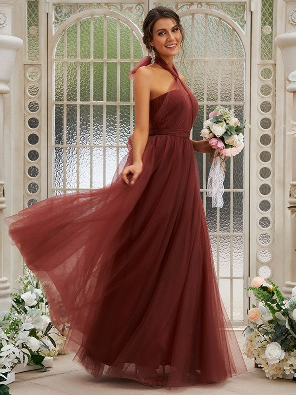 Sleeveless Halter Ruffles A-Line/Princess Tulle Floor-Length Bridesmaid Dresses