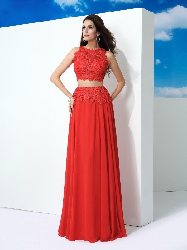 Scoop Sleeveless Chiffon Long A-Line/Princess Lace Two Piece Dresses