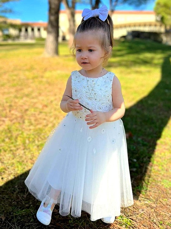 Sleeveless Bowknot Tulle Ankle-Length A-Line/Princess Scoop Flower Girl Dresses