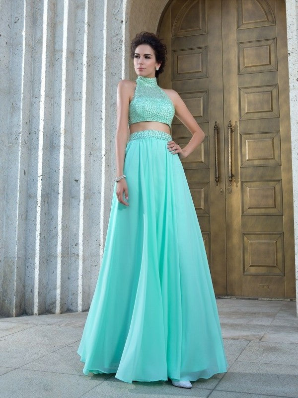 High Chiffon Sleeveless Long A-Line/Princess Neck Beading Two Piece Dresses