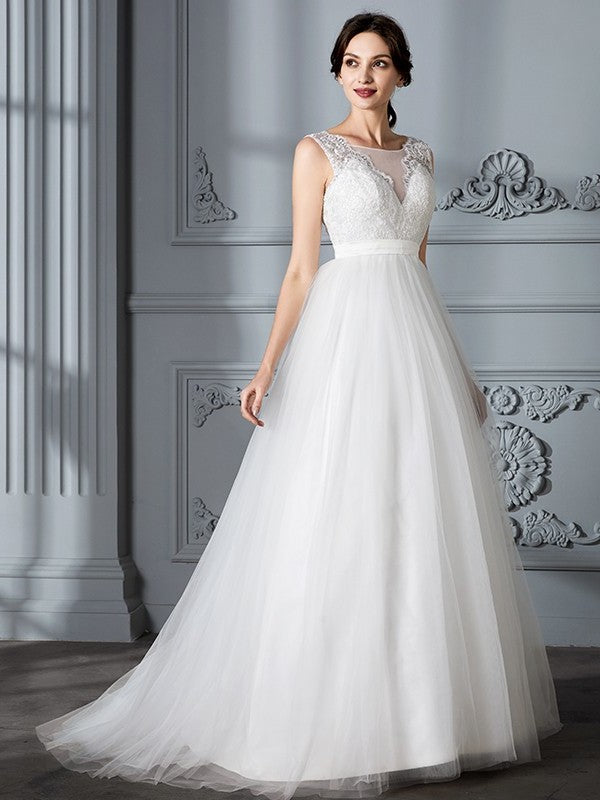 A-Line/Princess Train V-neck Sleeveless Sweep/Brush Tulle Wedding Dresses