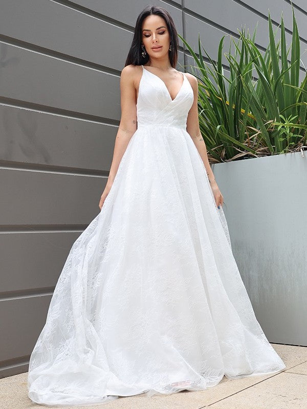 Ruched Sleeveless Sweep/Brush A-Line/Princess V-neck Lace Train Wedding Dresses