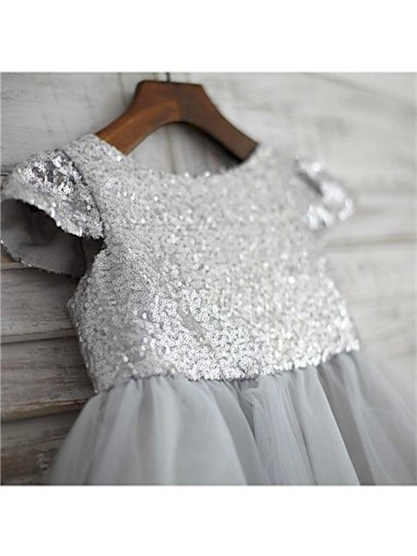 Sequin Tulle Short Sleeves A-line/Princess Tea-Length Scoop Flower Girl Dresses