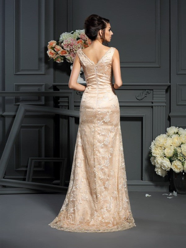 Woven A-Line/Princess Lace of Elastic Sleeveless V-neck Mother Satin Long the Bride Dresses