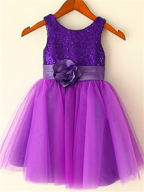 Scoop Sleeveless Tea-Length A-line/Princess Tulle Sequin Flower Girl Dresses