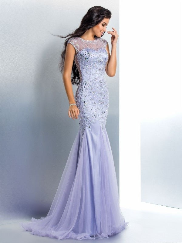 Trumpet/Mermaid Beading Neck Sleeveless Sheer Long Satin Dresses