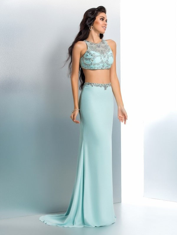 Beading Sleeveless Chiffon Trumpet/Mermaid Long Scoop Two Piece Dresses