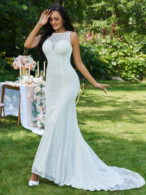 Sweep/Brush Ruffles Lace Scoop Sleeveless Trumpet/Mermaid Train Wedding Dresses