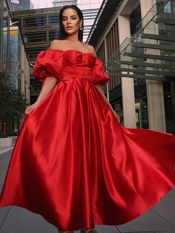 A-Line/Princess 1/2 Satin Off-the-Shoulder Ruffles Sleeves Ankle-Length Dresses