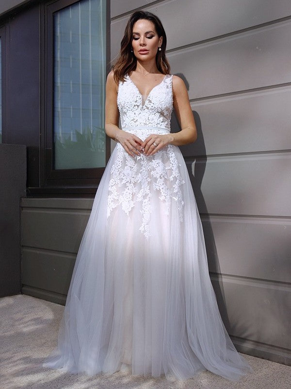 A-Line/Princess Sleeveless V-neck Applique Sweep/Brush Tulle Train Wedding Dresses