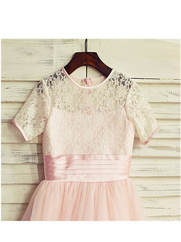 Tea-Length Jewel A-line/Princess Sleeves Lace Tulle Short Flower Girl Dresses