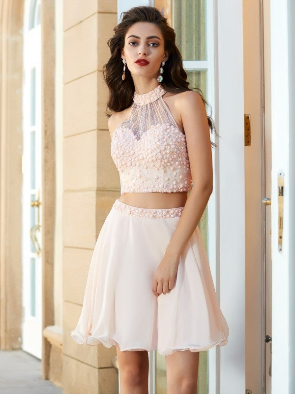 A-Line/Princess Halter Beading Sleeveless Amya Chiffon Short/Mini Homecoming Dresses Two Piece Dresses