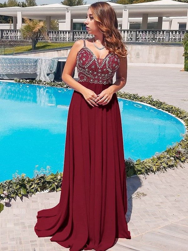 Beading Chiffon Spaghetti Straps A-Line/Princess Sleeveless Floor-Length Dresses