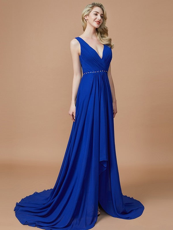 A-Line/Princess Chiffon Sweep/Brush Sleeveless V-neck Train Bridesmaid Dresses