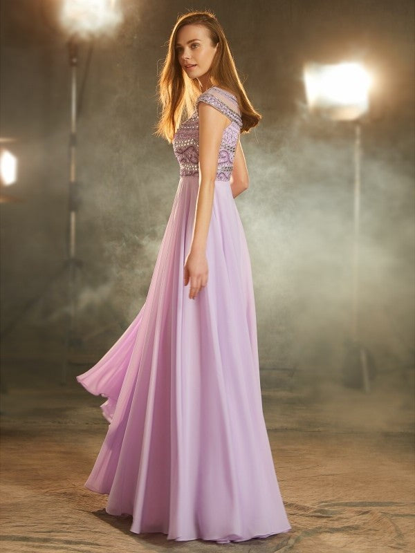 Short Floor-Length Scoop A-Line/Princess Sleeves Beading Chiffon Dresses