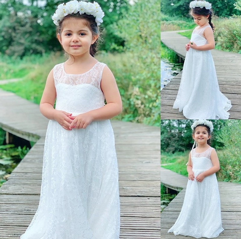 Sleeveless A-Line/Princess Lace Scoop Ruffles Ankle-Length Flower Girl Dresses