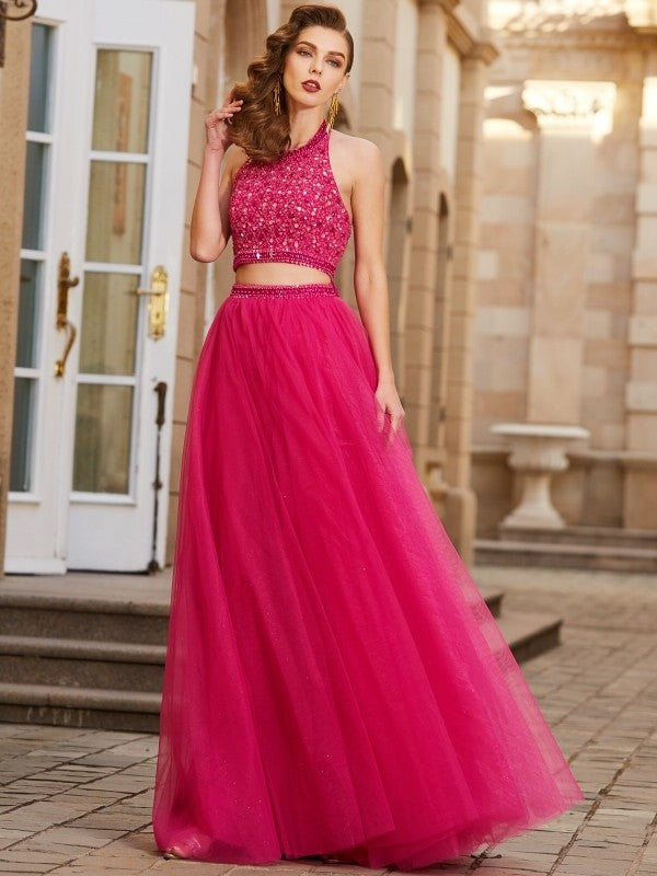 Floor-Length Halter Sleeveless Beading A-Line/Princess Tulle Two Piece Dresses