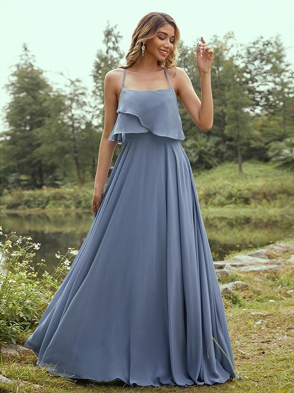 Spaghetti A-Line/Princess Sleeveless Chiffon Straps Ruffles Floor-Length Bridesmaid Dresses